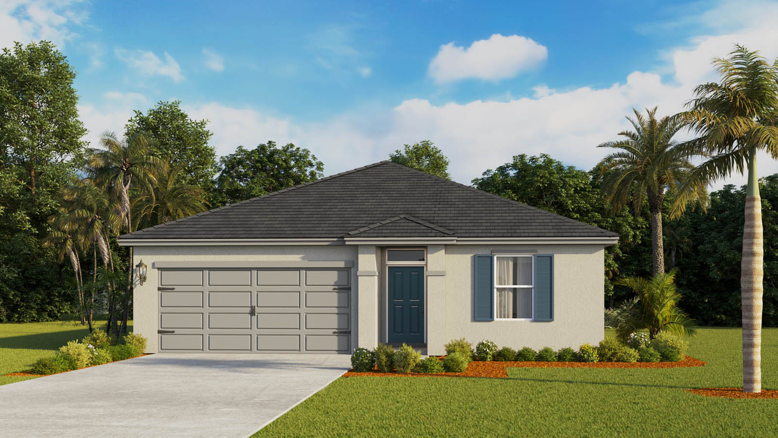 Rendering of a one story home with stone