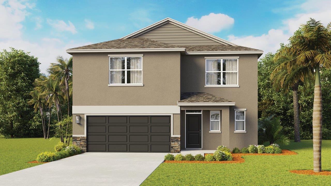 Two-story home with stone accents and covered entrance