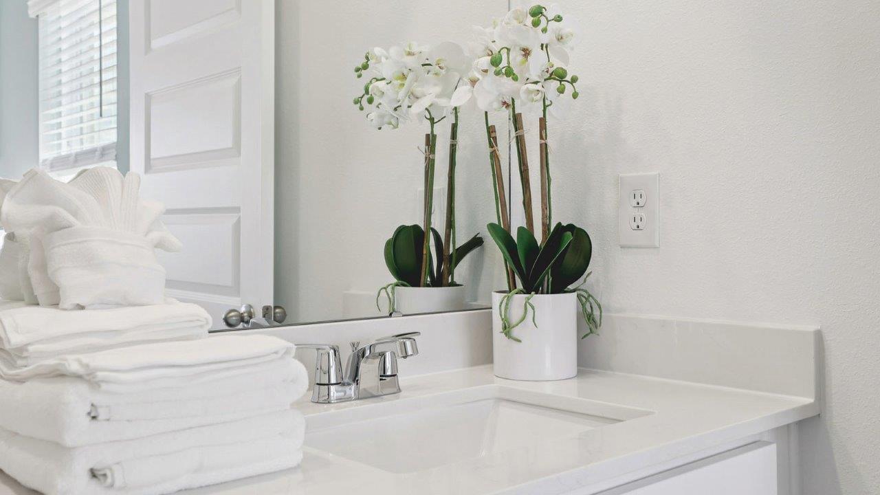 Primary bathroom attached bathroom with double vanity sinks and walk in shower