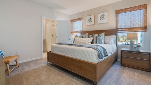Primary bedroom with king size bed and carpet through the bedroom