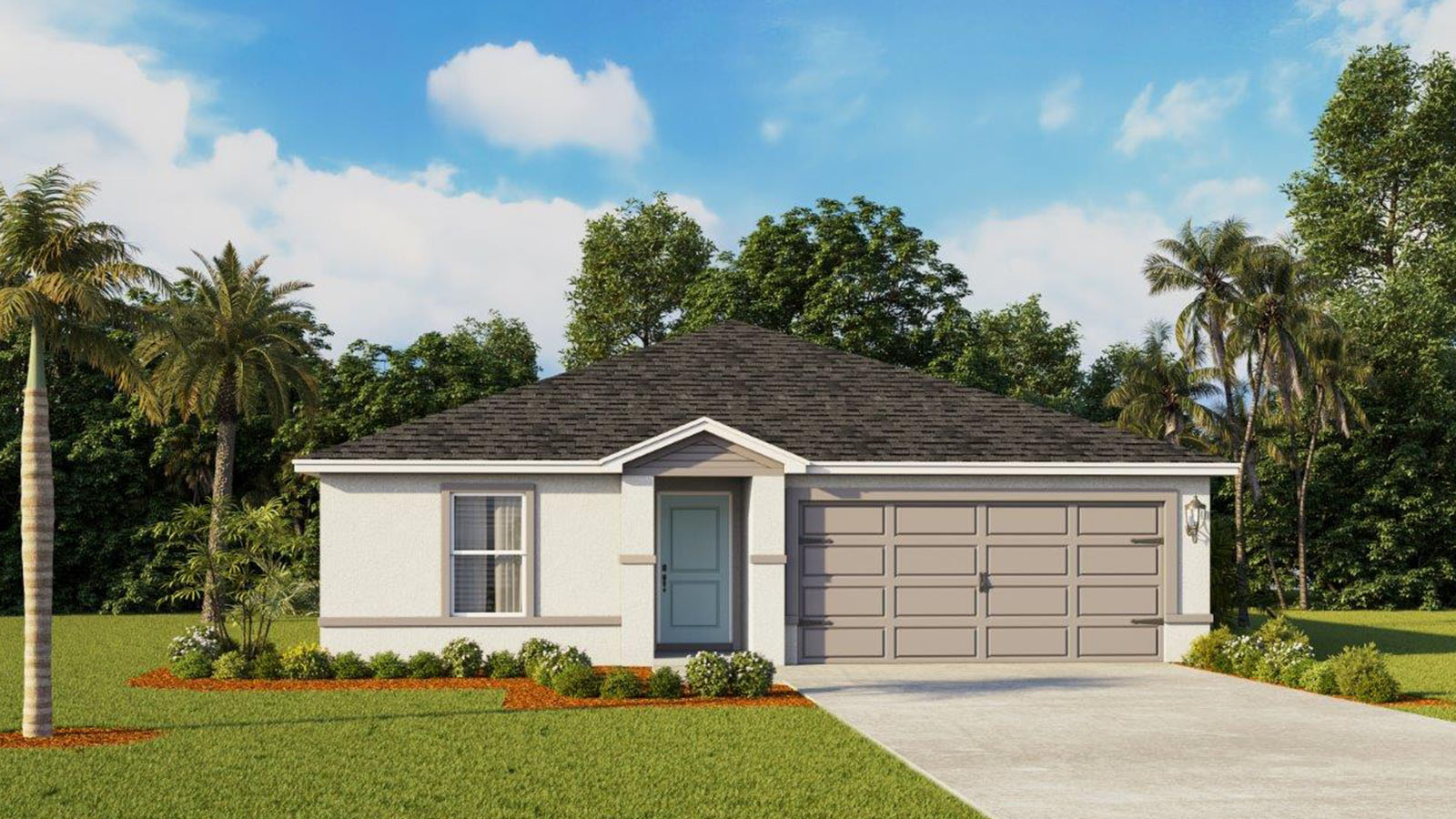 Rendering of One-story home exterior with 2 car garage