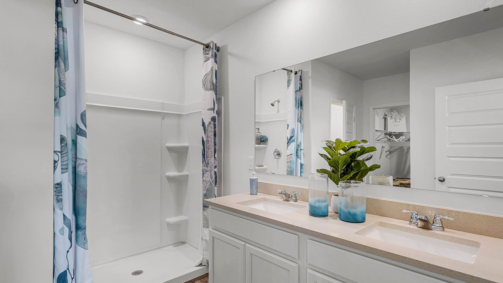 Walk in shower and double vanity sink