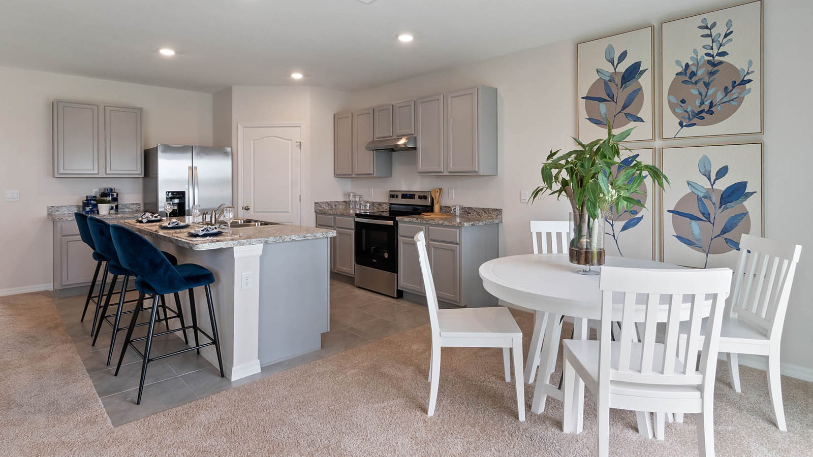 Kitchen and dining nook with ceramic tile