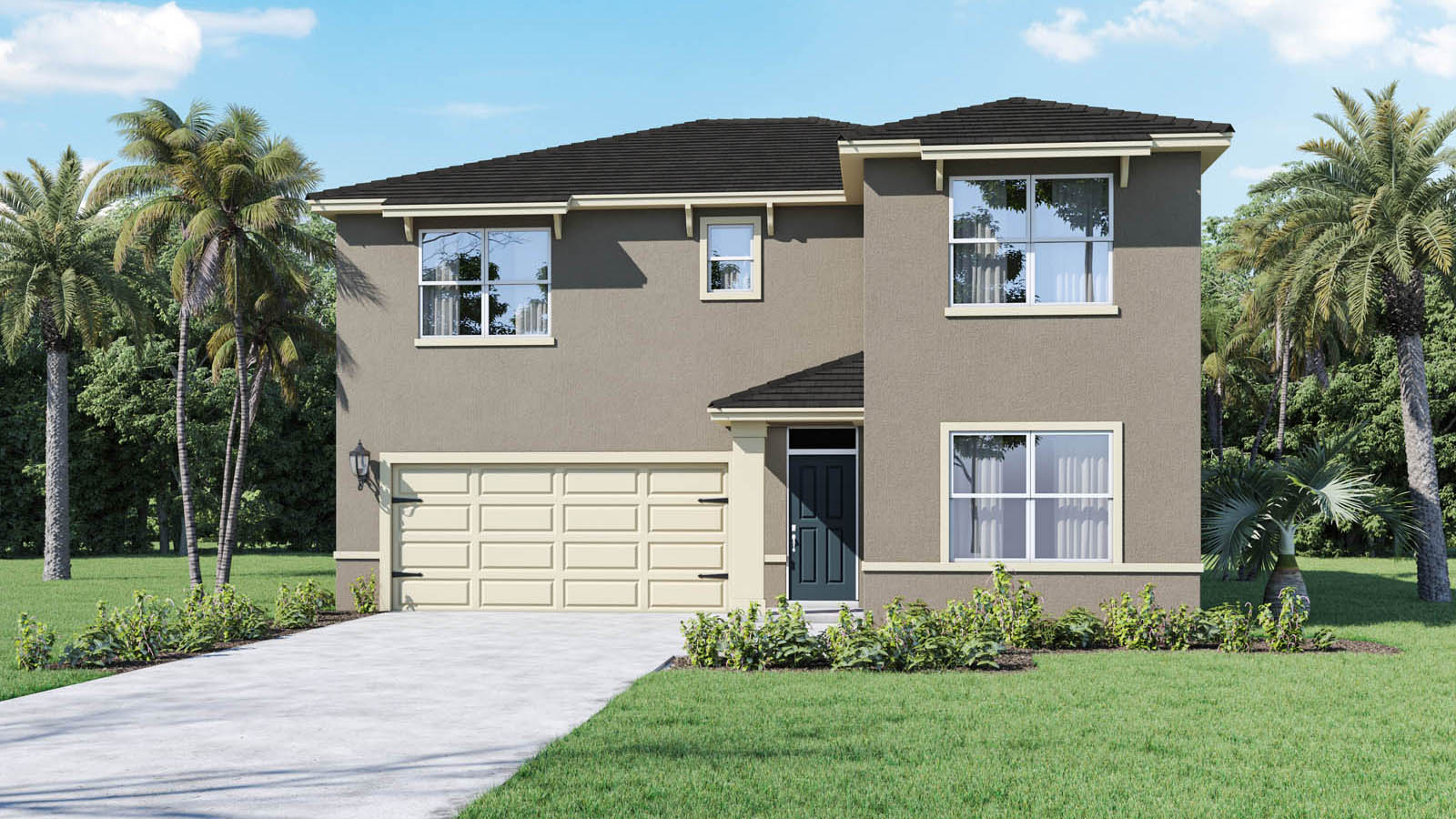 Rendering of two story home with 2 car garage