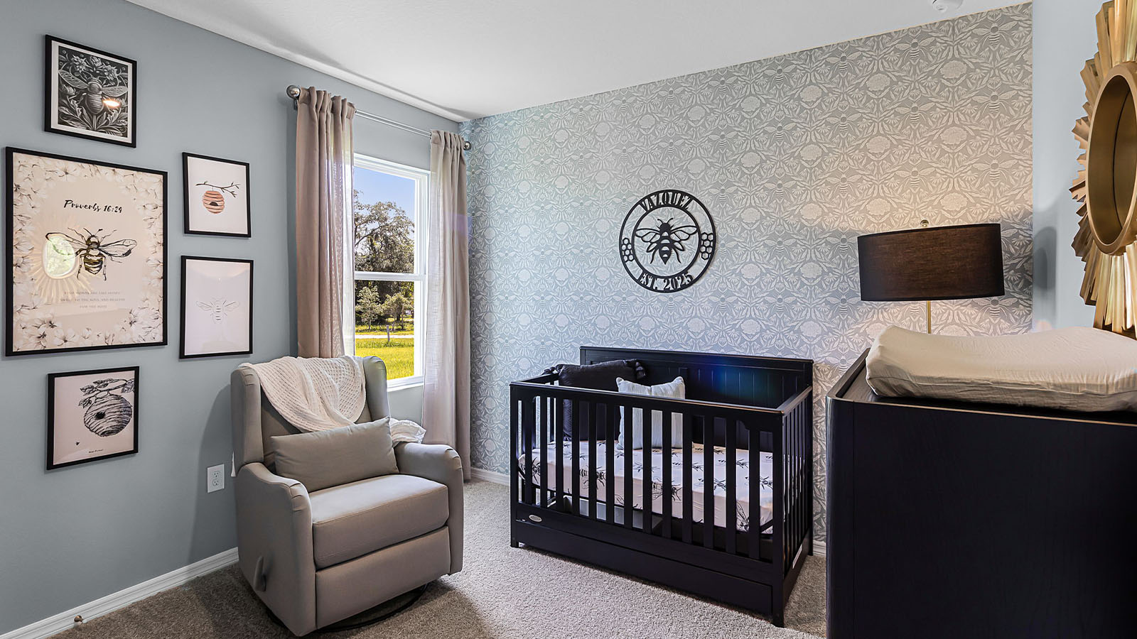 Nursery room with carpet flooring