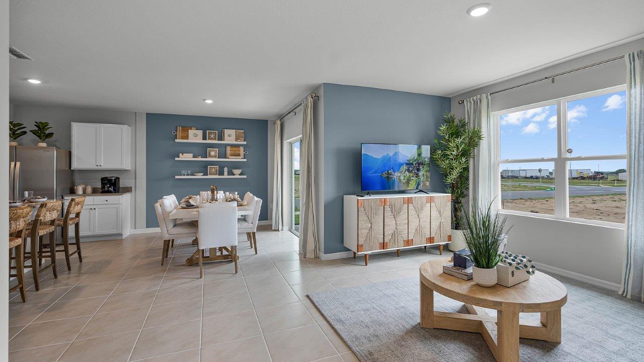 Living room space with view of the dining table