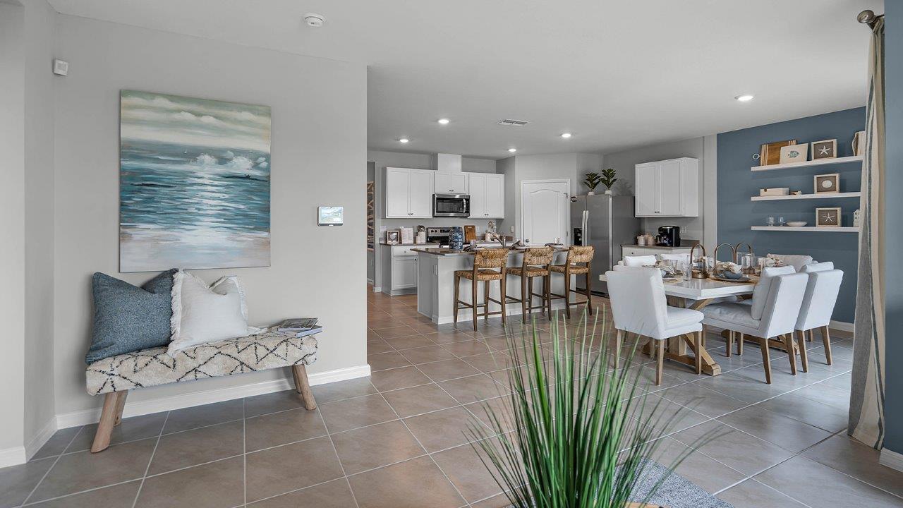 View of the kitchen and dining table from the living room