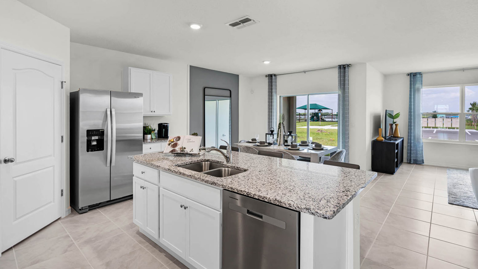 Kitchen island and overlooking the living room space