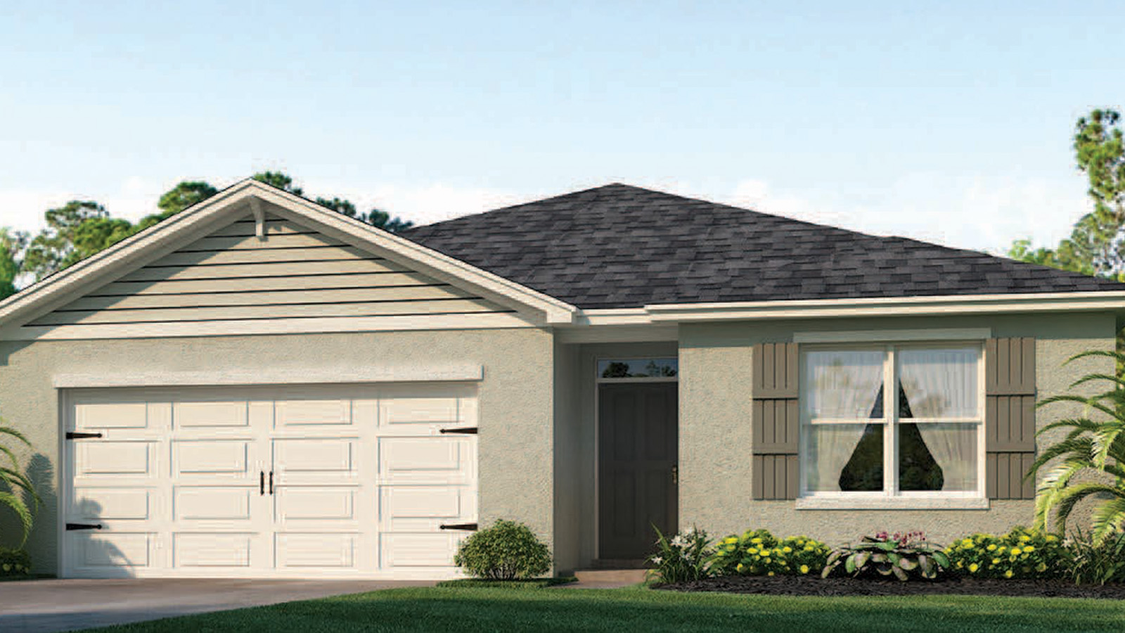 Rendering of One-story home exterior with 2 car garage