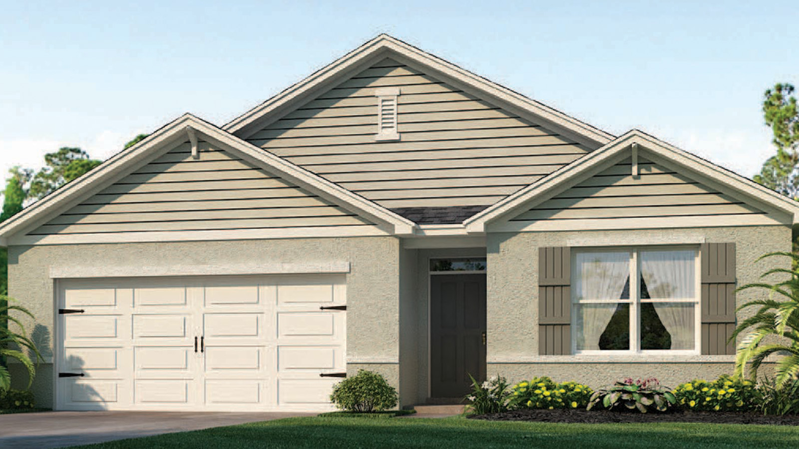 Rendering of One-story home exterior with 2 car garage