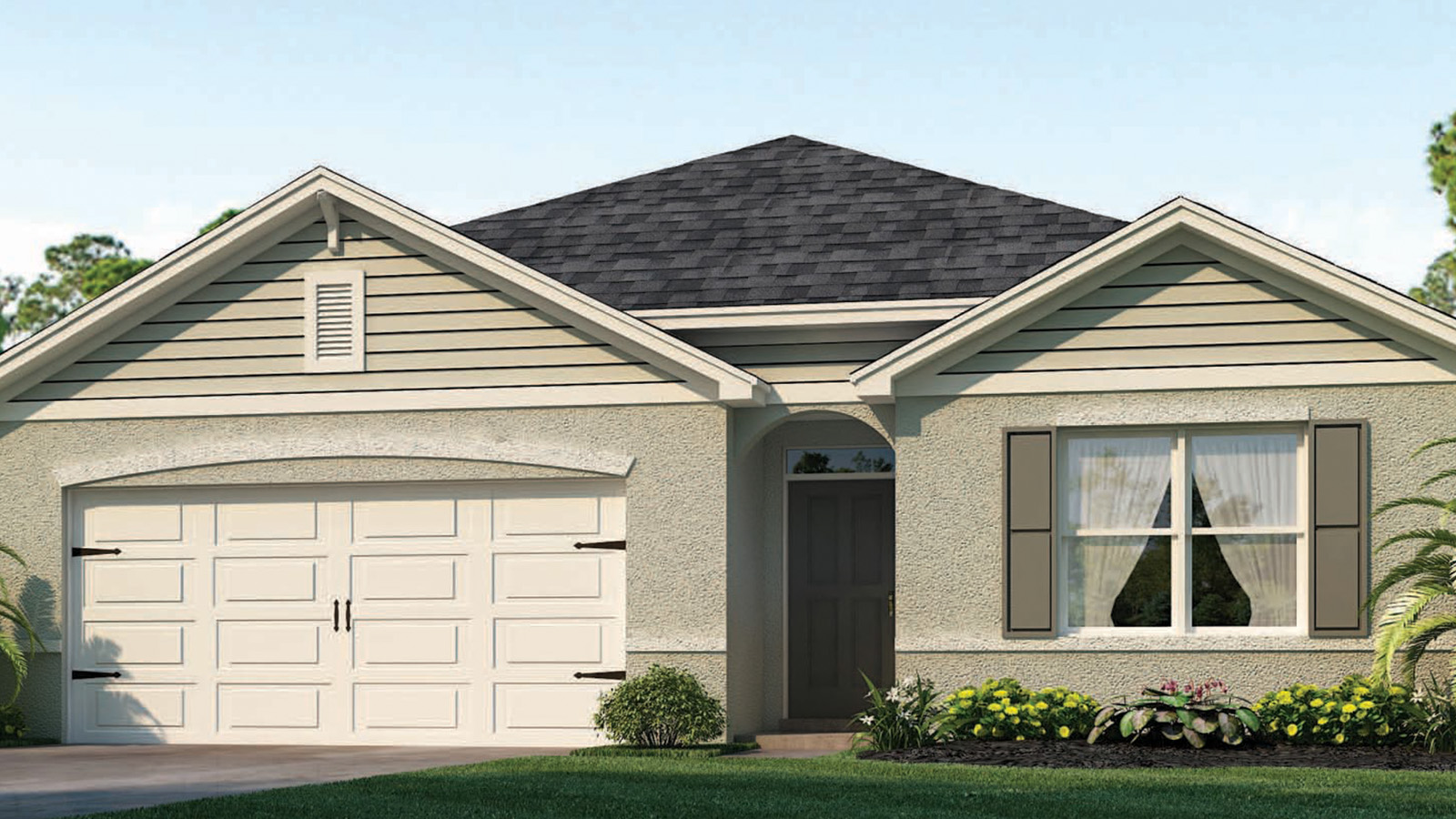 Rendering of One-story home exterior with 2 car garage