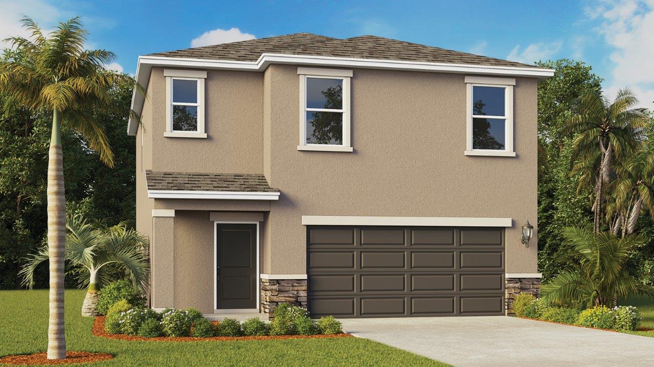 Exterior rendering of two story home with 2 car garage and stone finishes