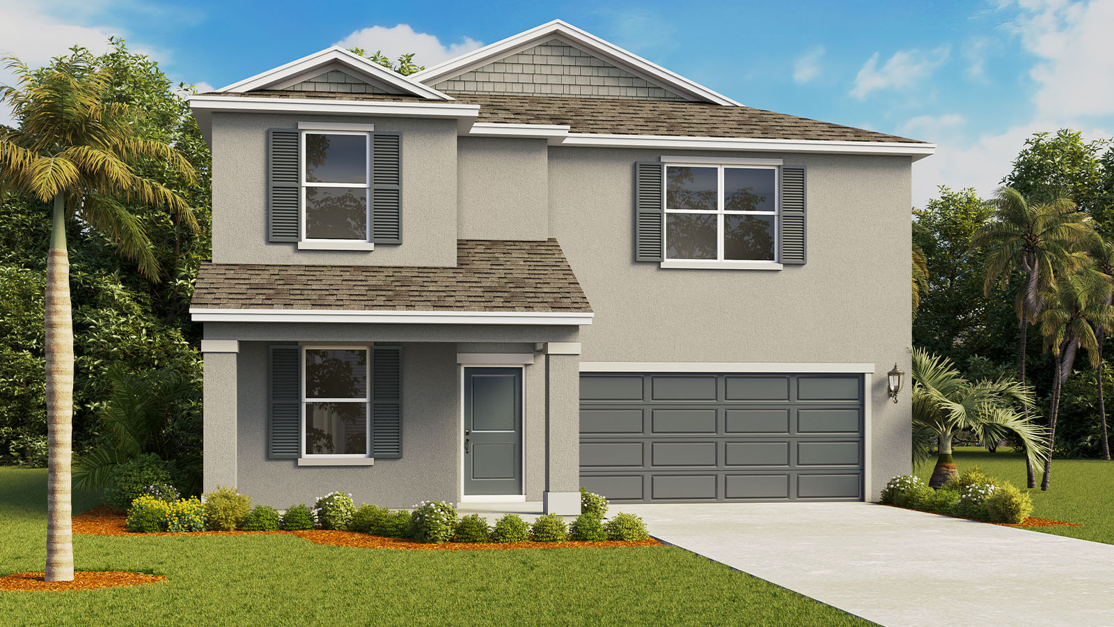 Exterior rendering of 2 story home with 2 car garage