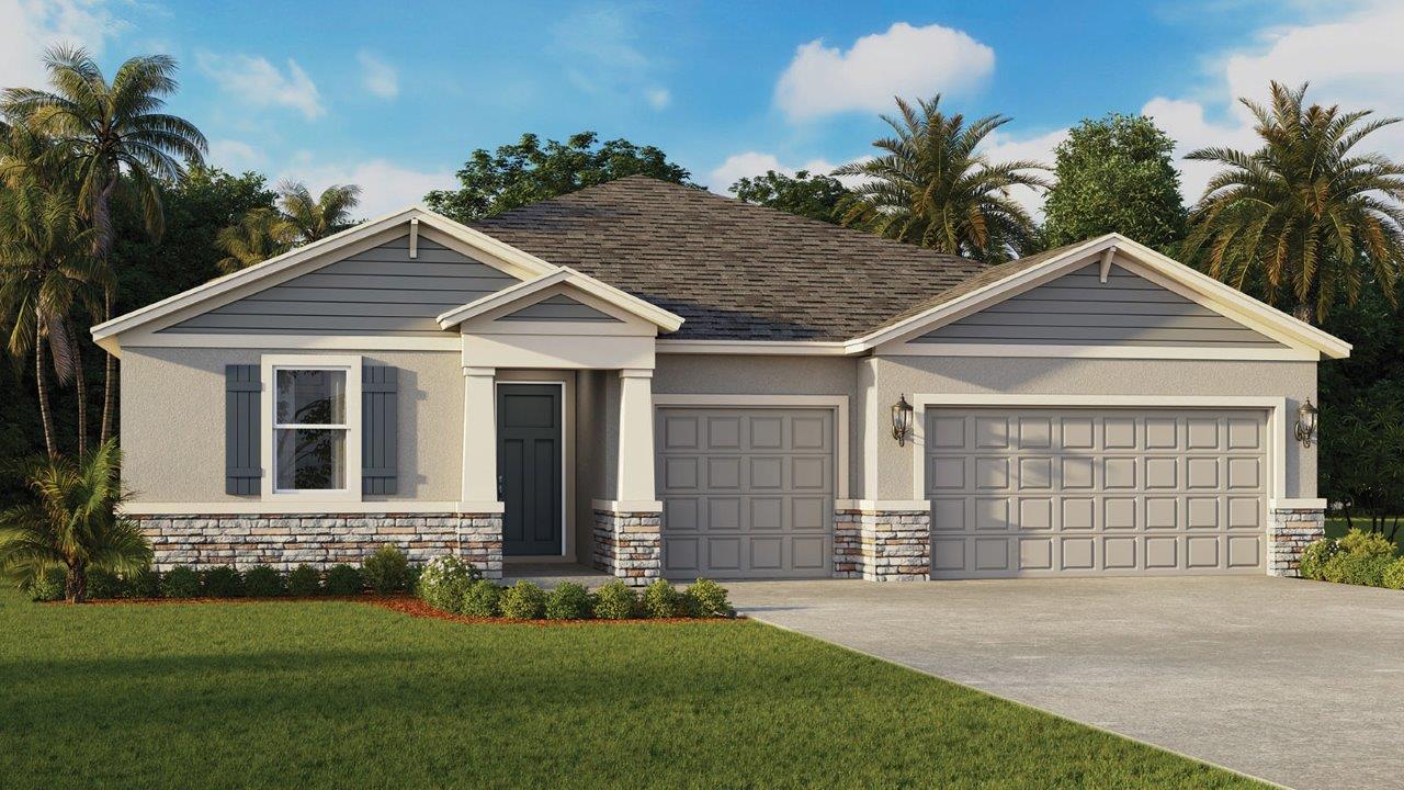 Rendering of one story home with a three car garage