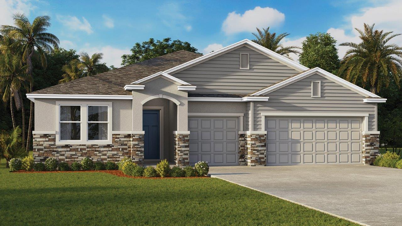 Rendering of one story home with a three car garage with stone exterior