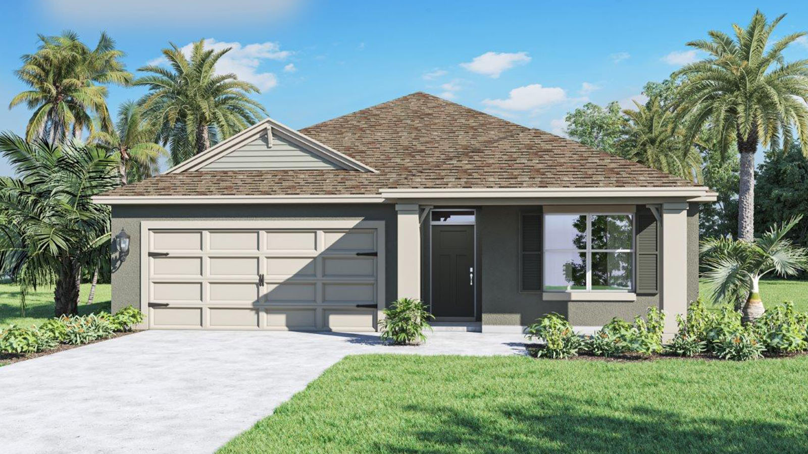 Rendering of One-story home exterior with 2 car garage and front porch