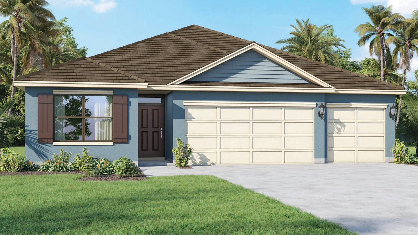 Rendering one story home exterior with 3 car garage