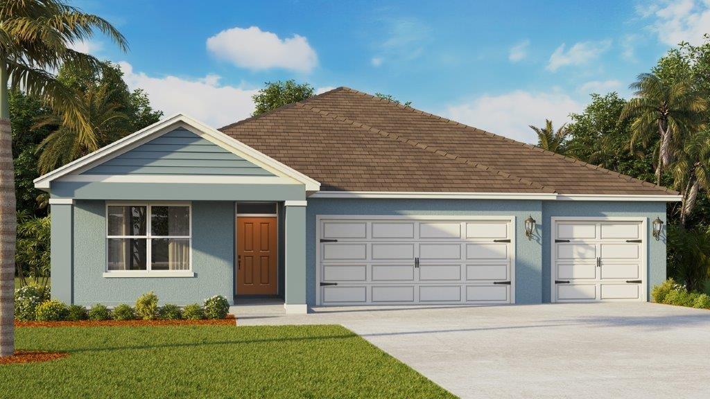 Rendering of One-story home exterior with 3 car garage