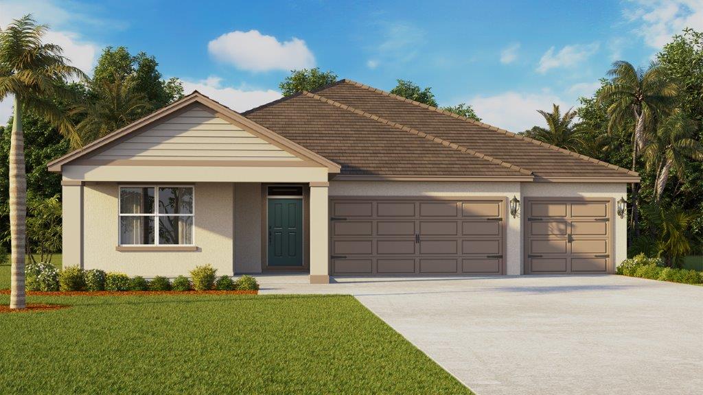 Rendering of One-story home exterior with 3 car garage and front porch