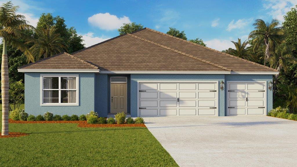 Rendering of One-story home exterior with 3 car garage