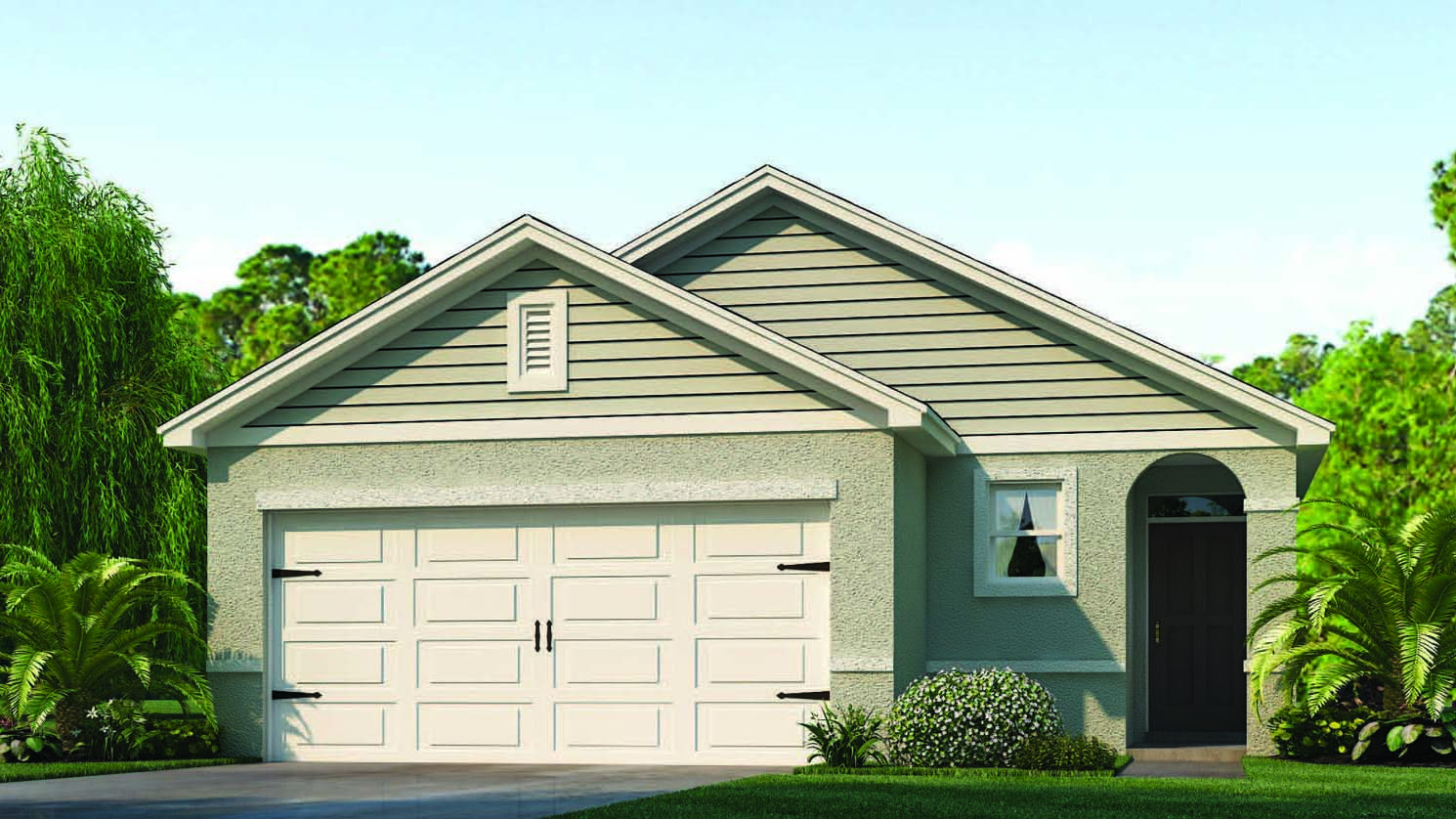 single-story home with covered front door and two-car garage