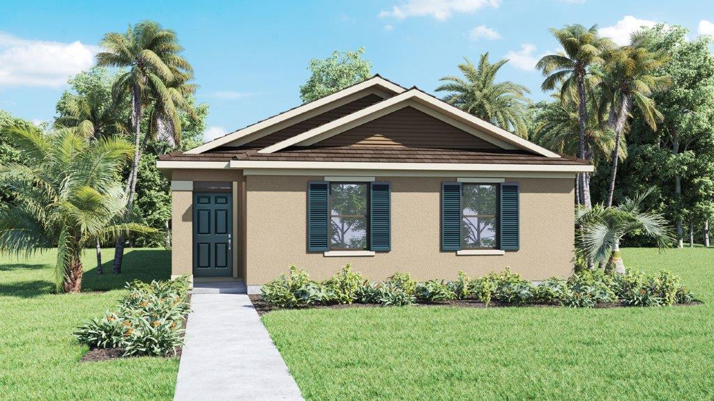 Rendering one story home exterior with the garage in the back of the home