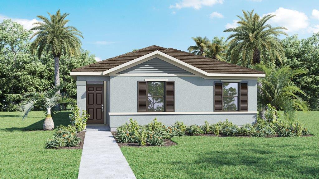 Rendering one story home exterior with the garage in the back of the home