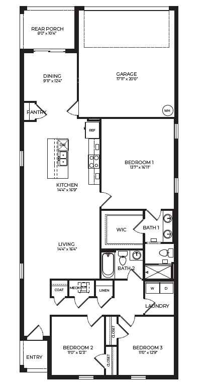 One story home floorplan with rooms and measurements