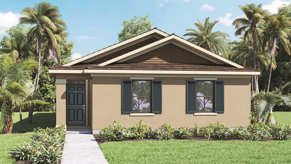 Rendering one story home exterior with the garage in the back of the home