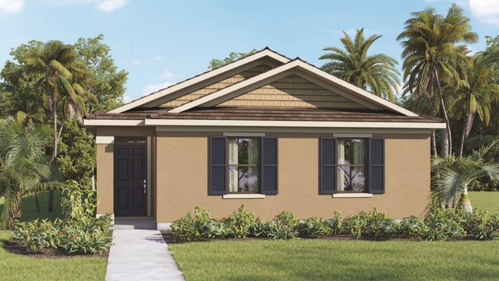 Rendering one story home exterior with the garage in the back of the home