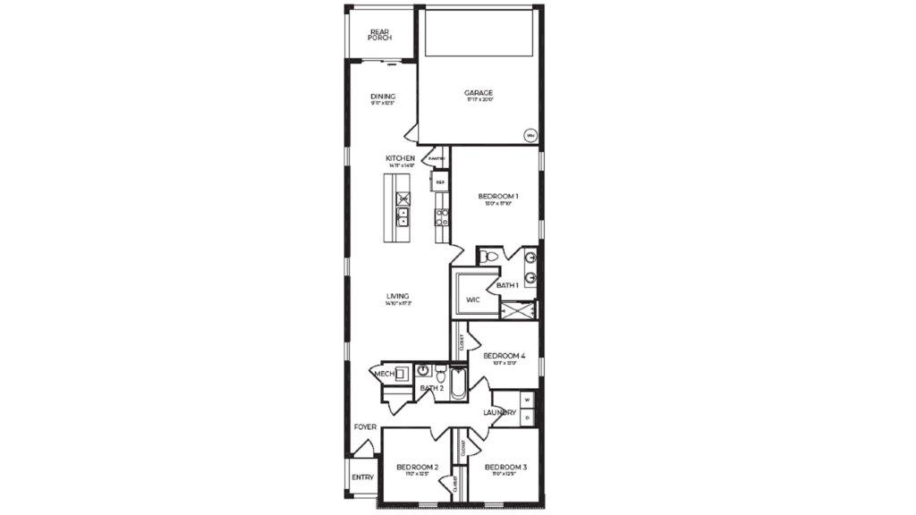 Floor plan of a one-story home with rooms and measurements. Garage in the back of the home.