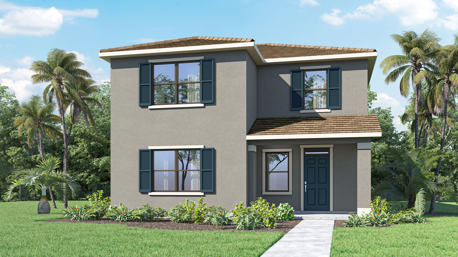 Rendering Two story home exterior with garage in the backyard