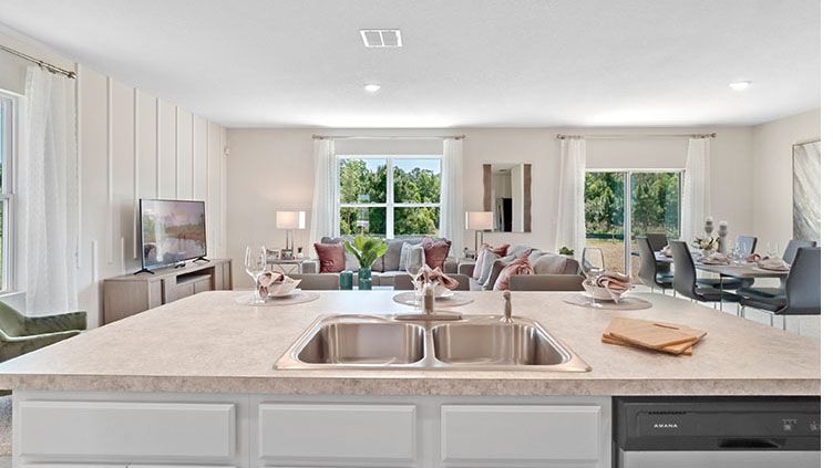 Kitchen island overlooking the living room and dining area