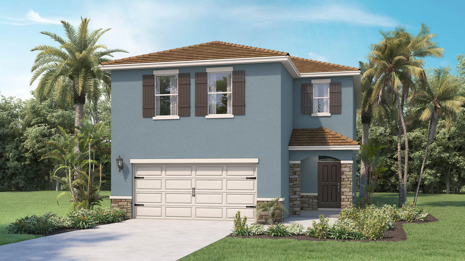 Rendering of a Two-story home with shutters and stone