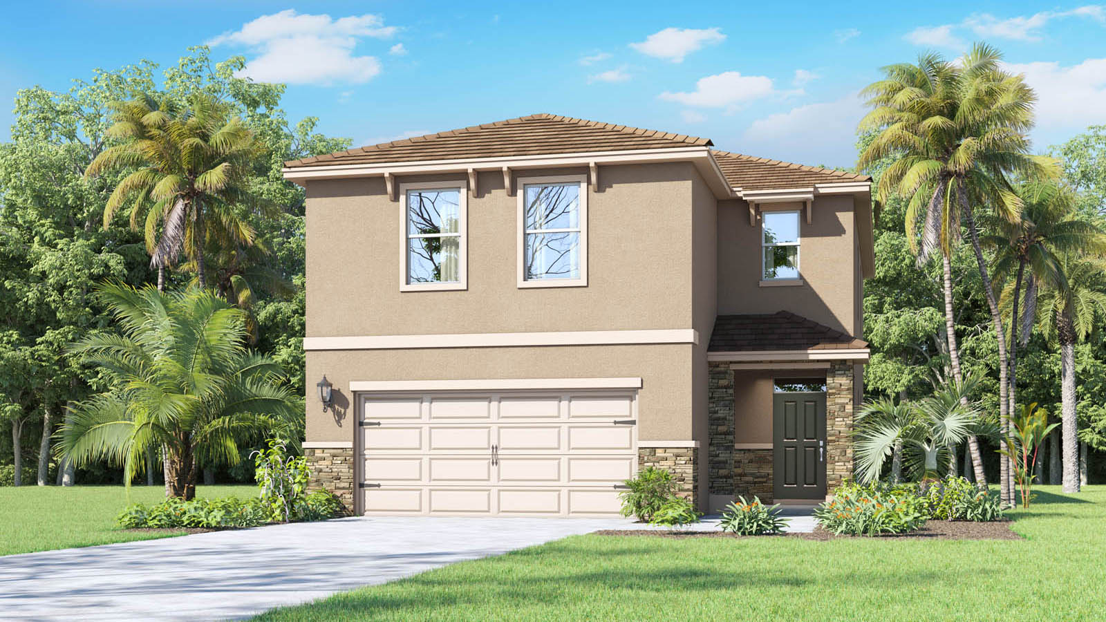Rendering of a Two-story home with two car garage and stone