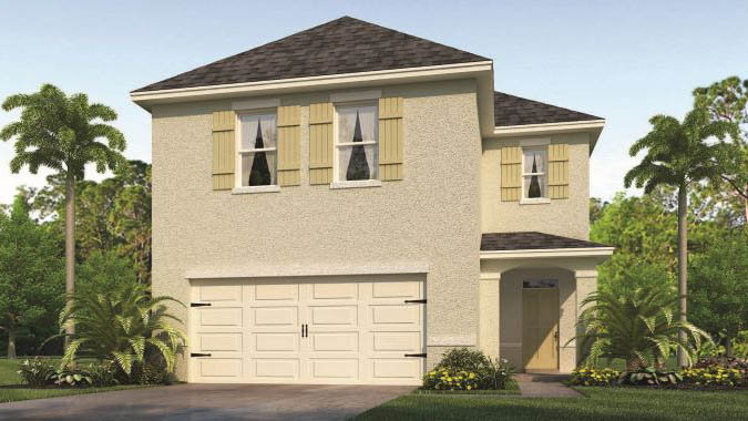 Rendering of two-story home with shutters