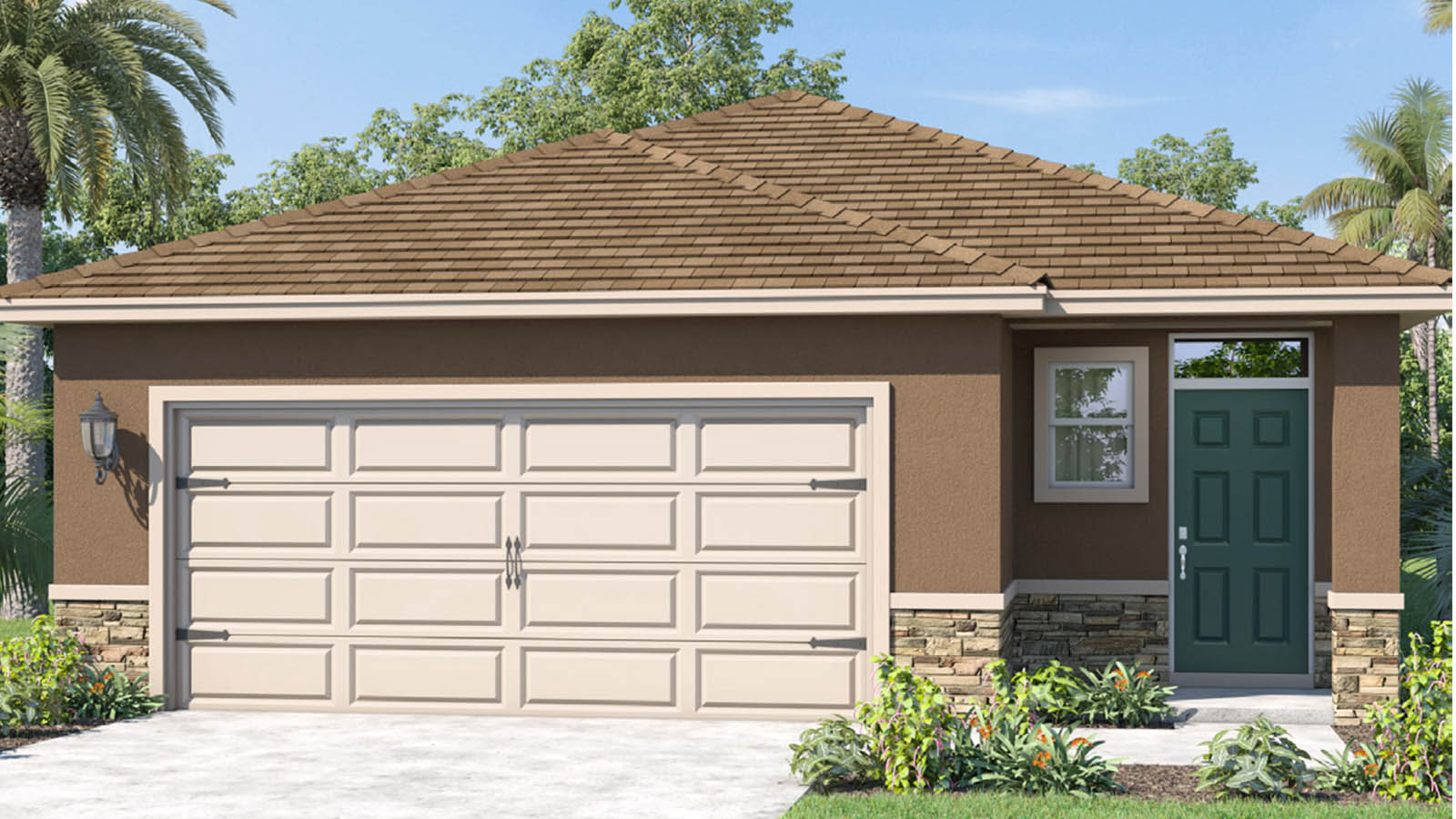 One story home exterior brown color home with stone exterior