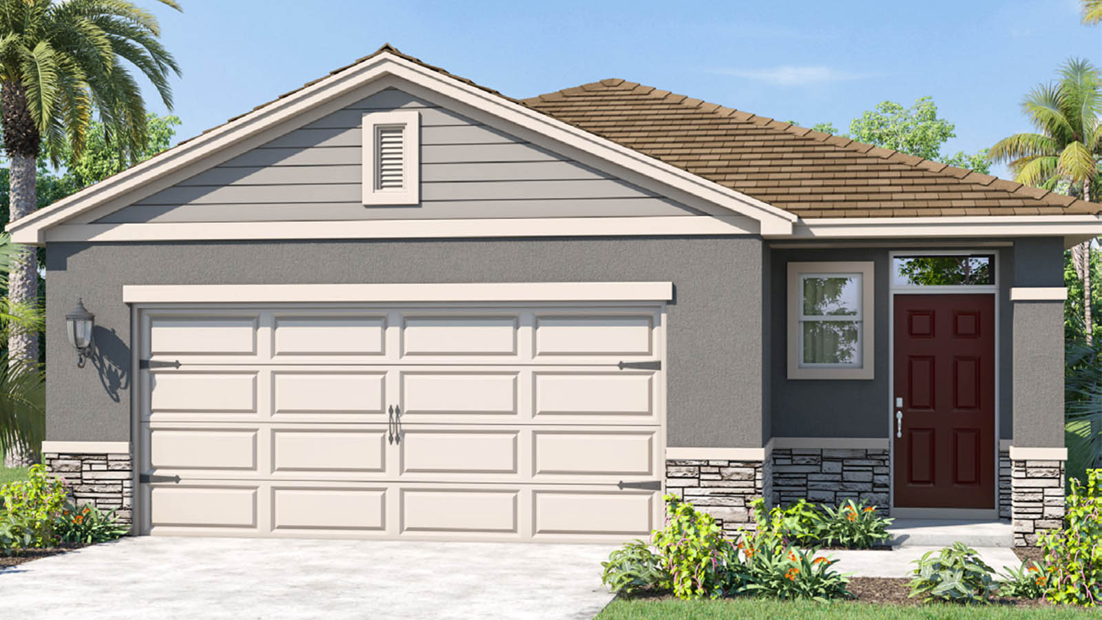 One story home exterior grey color home with stone exterior