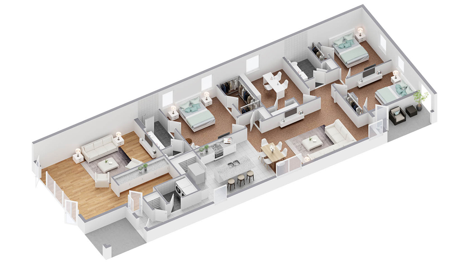 3D floorplan of a one-story home