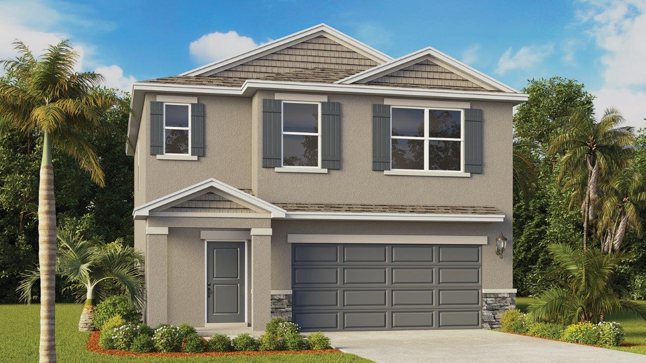 Exterior single family two-story home with stone accents
