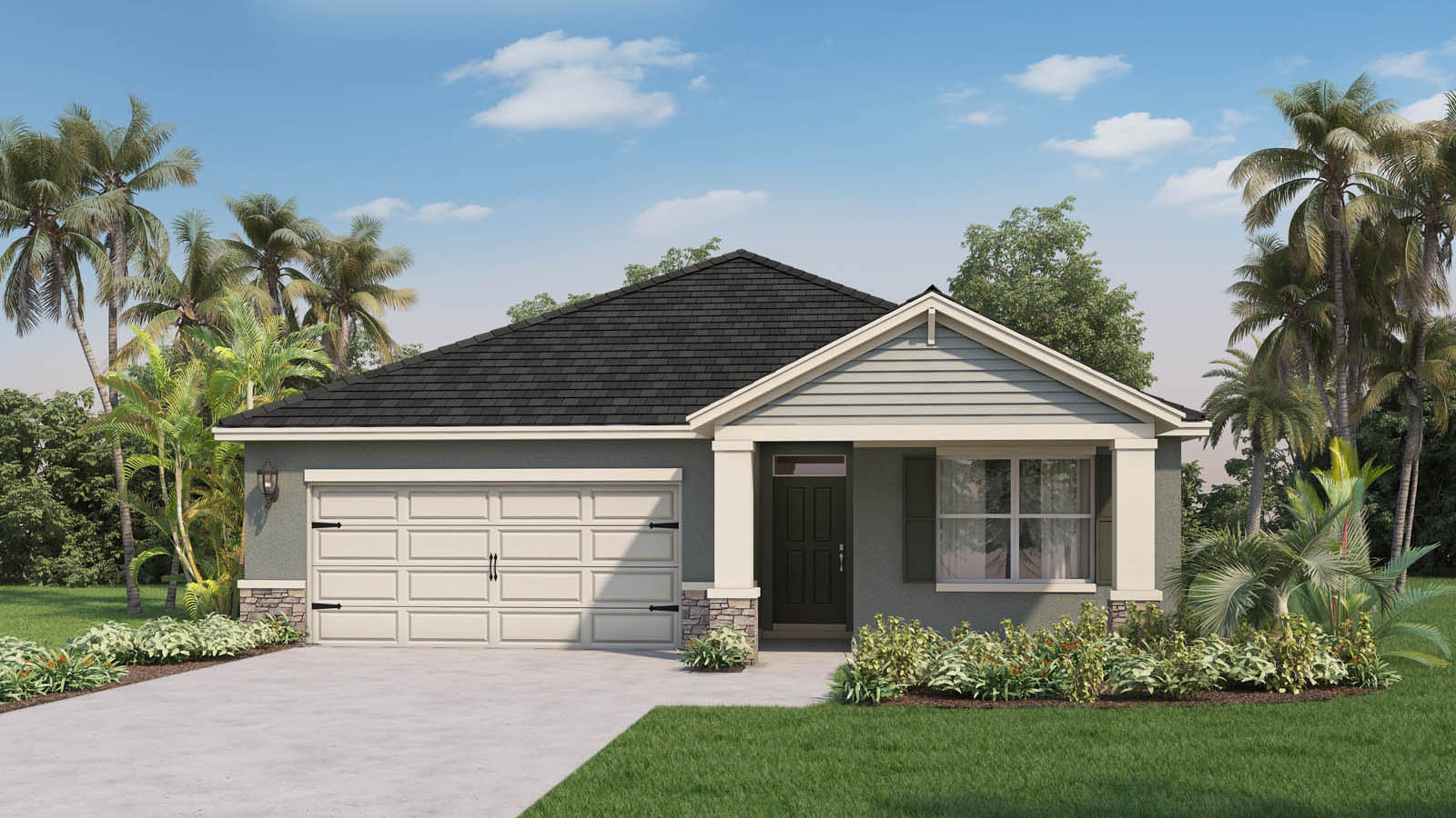 Exterior single-family home with two car garage, Front porch and shutters and stone