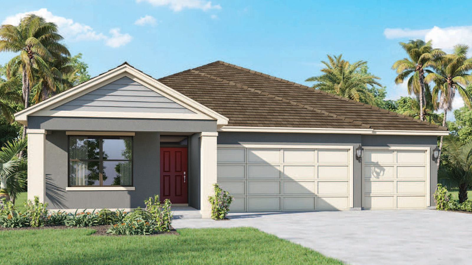 Rendering Exterior of a one story home with 3 car garage