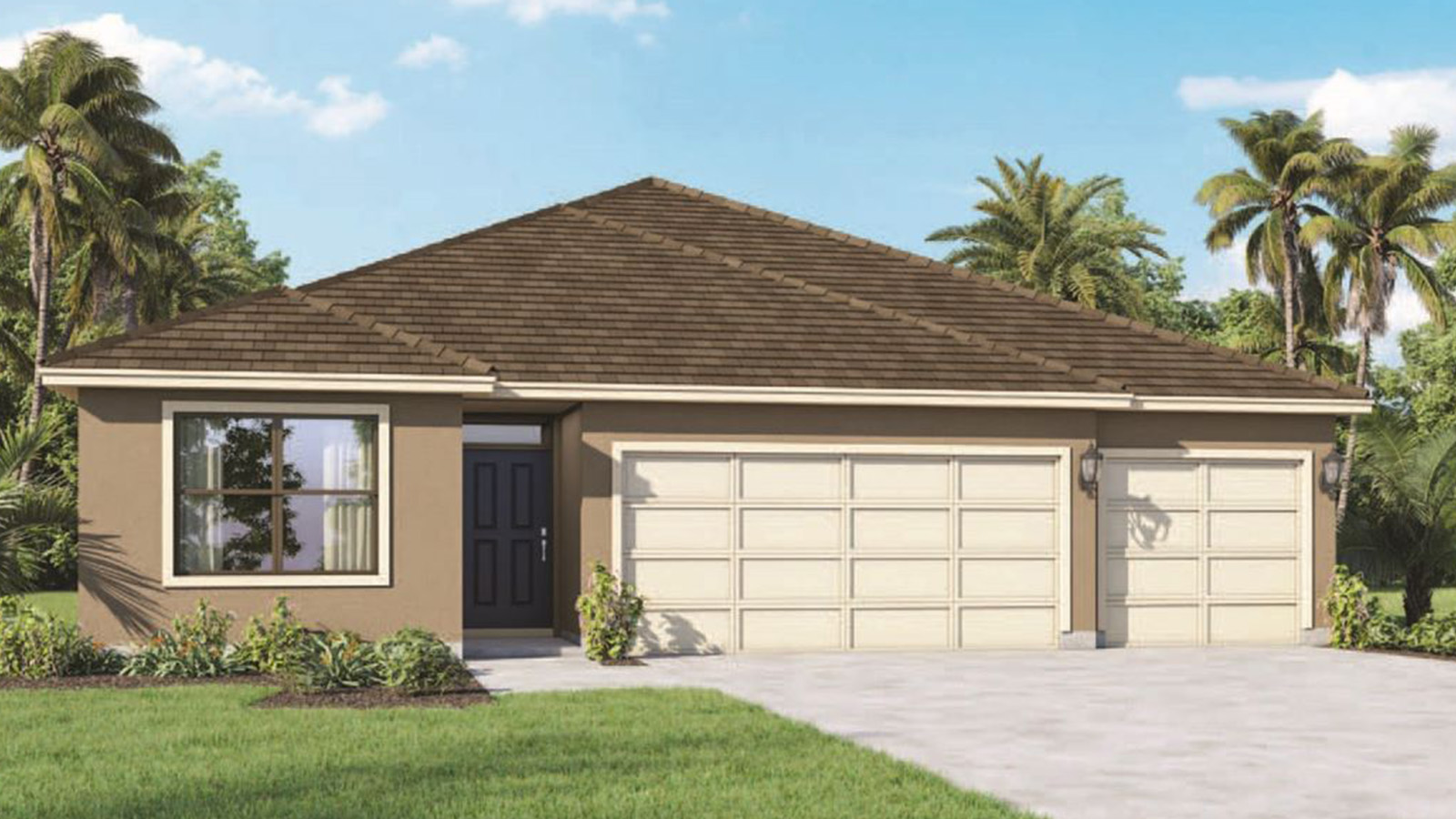 Rendering Exterior of a one story home with 3 car garage