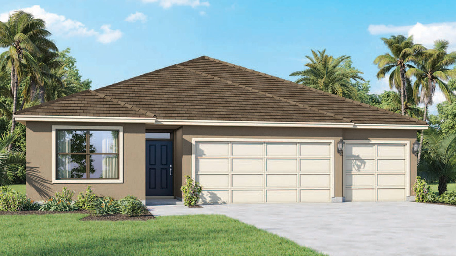 Rendering Exterior of a one story home with 3 car garage
