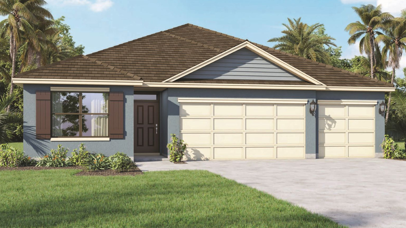 Rendering Exterior of a one story home with 3 car garage