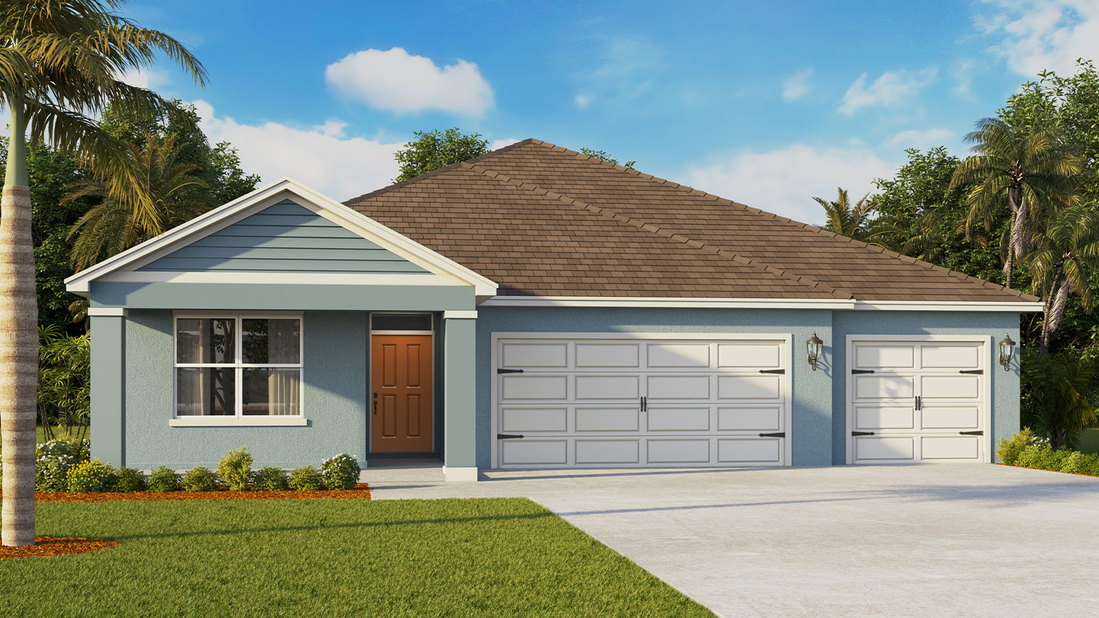 Rendering Exterior of a one story home with 3 car garage