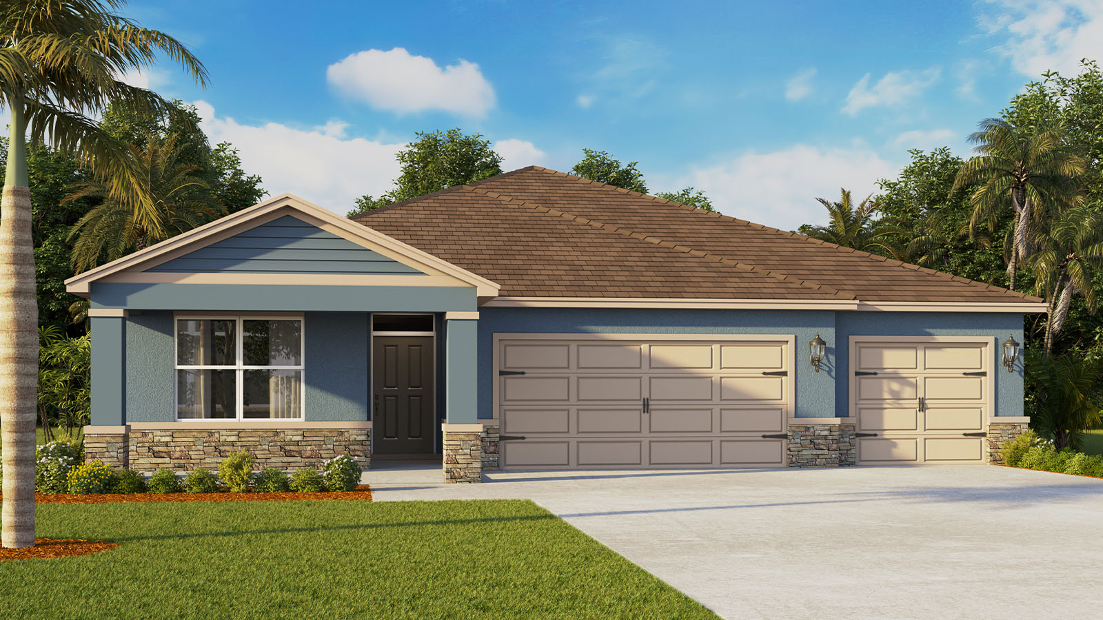 Rendering Exterior of a one story home with 3 car garage