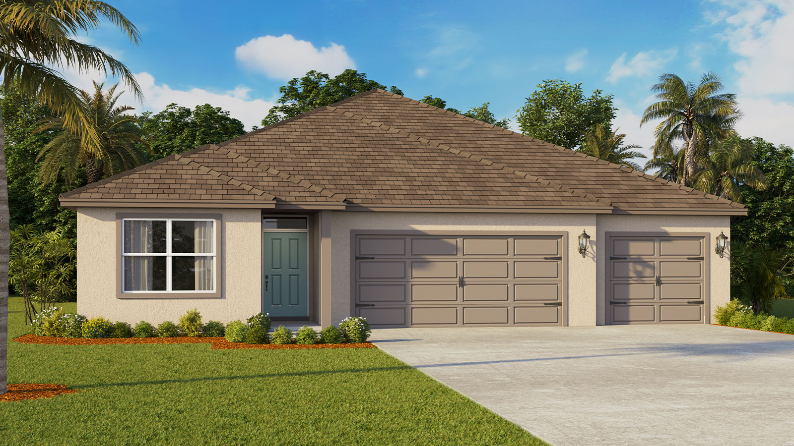 Rendering Exterior of a one story home with 3 car garage