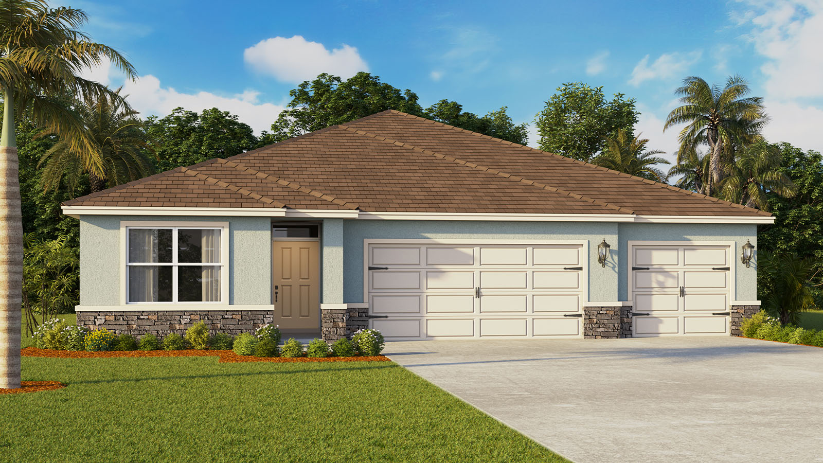 Rendering Exterior of a one story home with 3 car garage