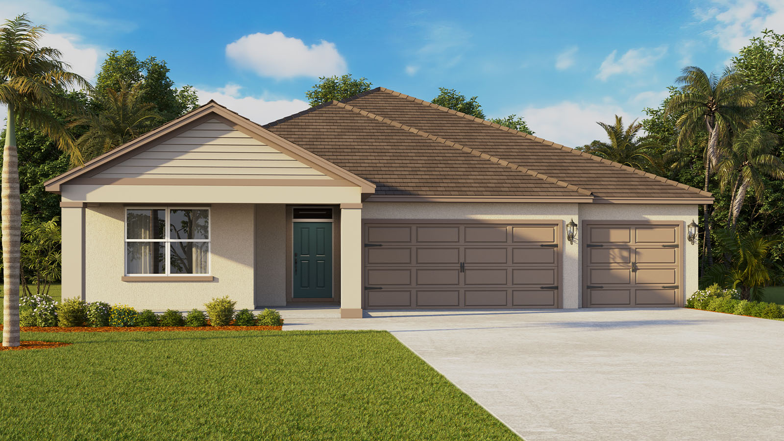 Rendering Exterior of a one story home with 3 car garage